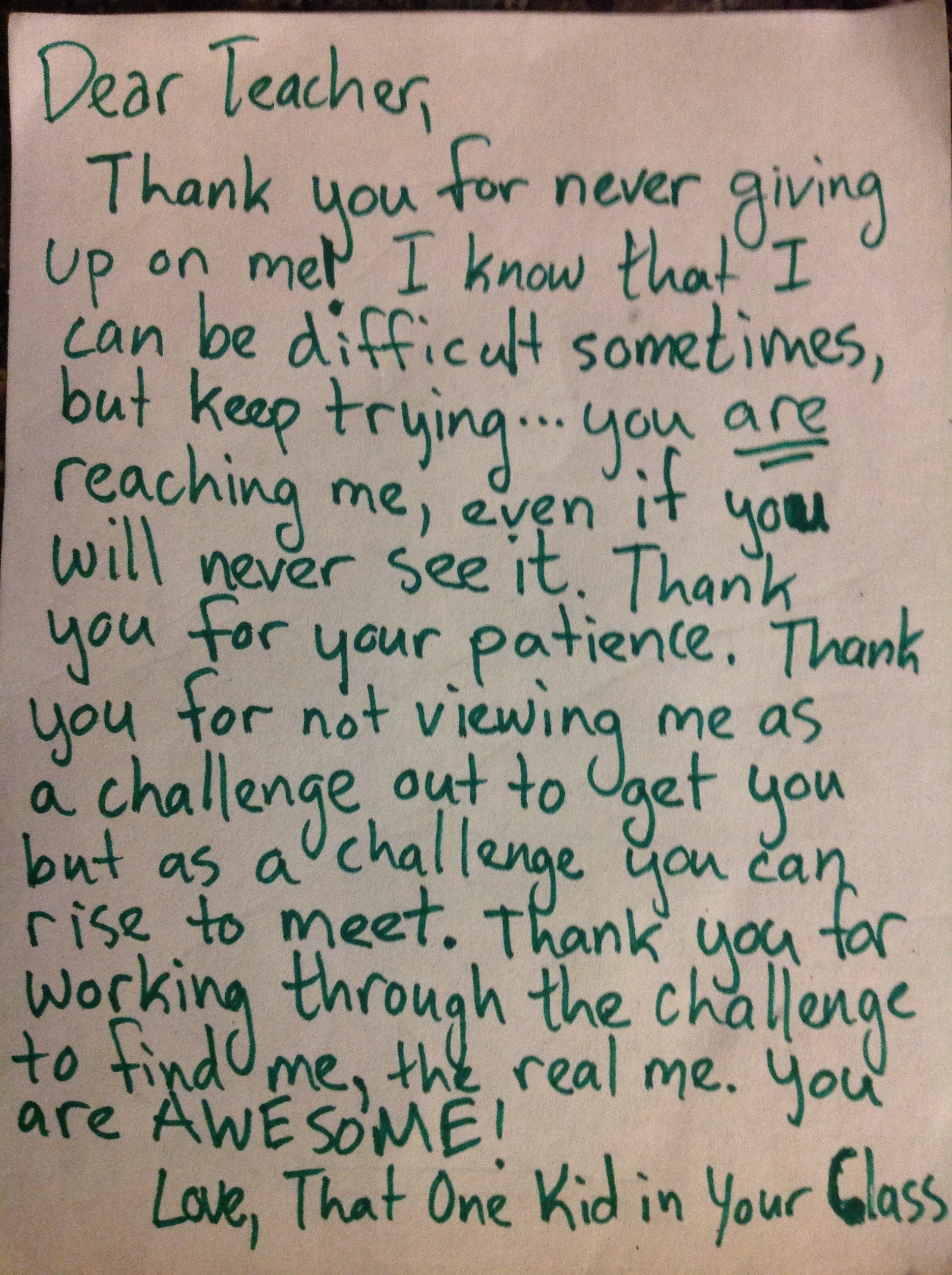 Handwritten Note – Dear Teacher/Love Teacher